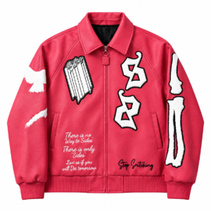 Coral Varsity Jacket with Embroidered Patches