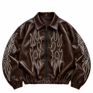 Dark Brown Flame-Embroidered Leather Bomber Jacket